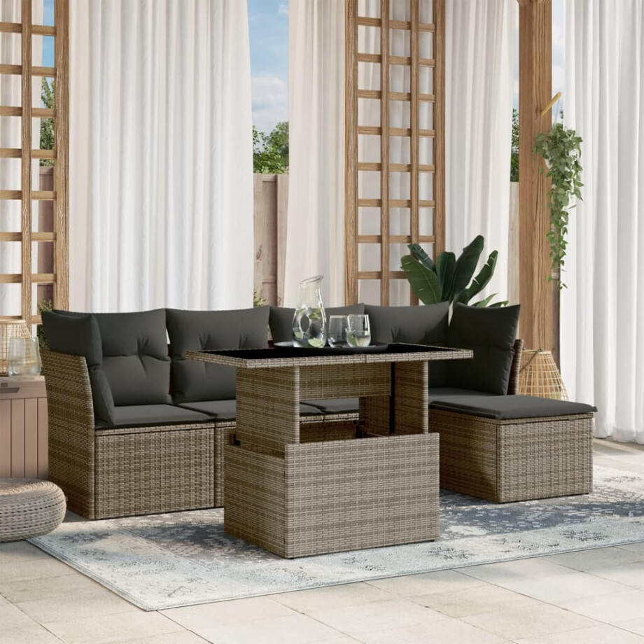 vidaXL 6-delige Loungeset met kussens poly rattan grijs afbeelding 1