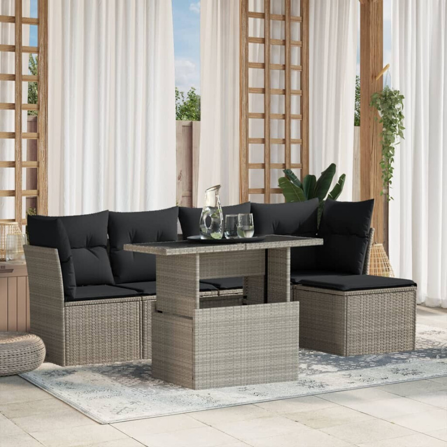 vidaXL 6-delige Loungeset met kussens poly rattan lichtgrijs afbeelding 1