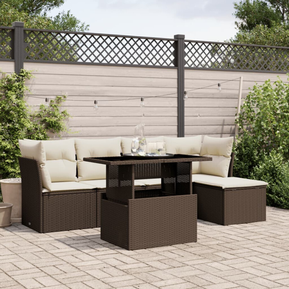 vidaXL 6-delige Loungeset met kussens poly rattan bruin afbeelding 1