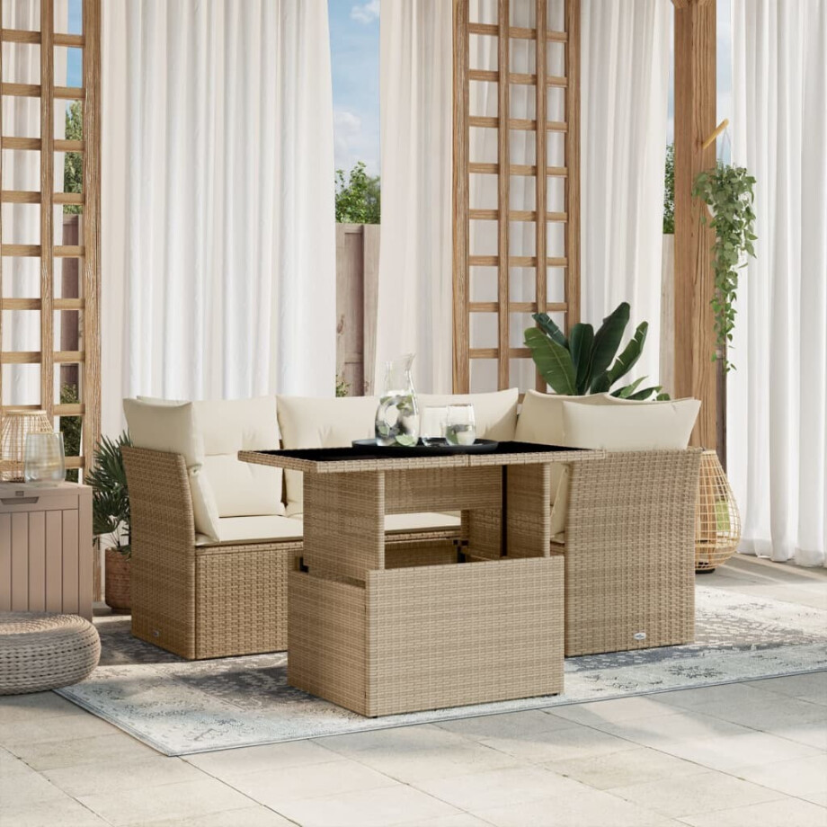 vidaXL 5-delige Loungeset met kussens poly rattan beige afbeelding 1