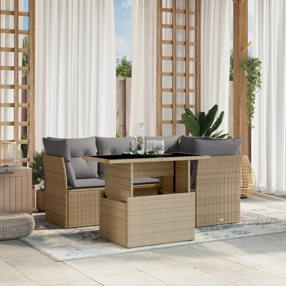 vidaXL 5-delige Loungeset met kussens poly rattan beige afbeelding 1