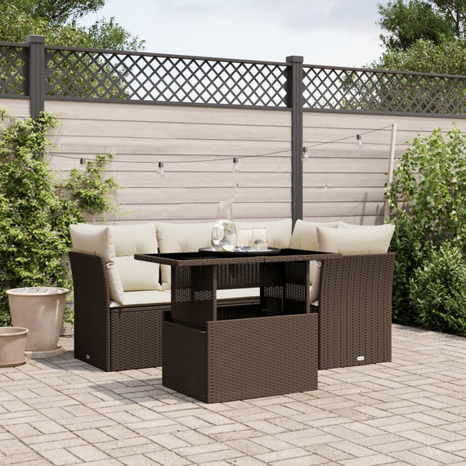 vidaXL 5-delige Loungeset met kussens poly rattan bruin afbeelding 1