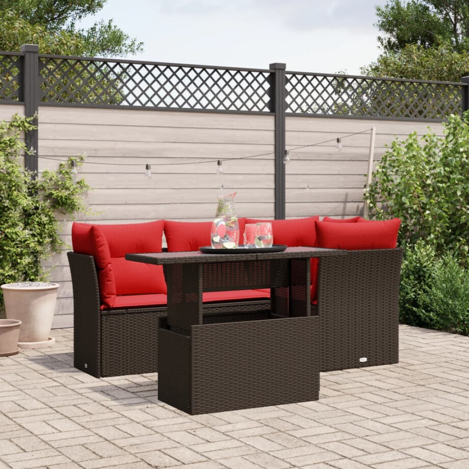 vidaXL 5-delige tuinbankset met kussens, bruin polyrotan afbeelding 1