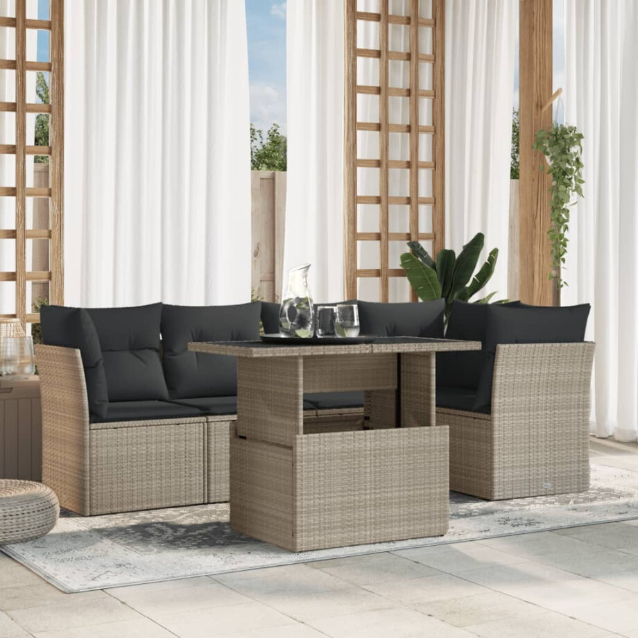 vidaXL 6-delige Loungeset met kussens poly rattan lichtgrijs afbeelding 1