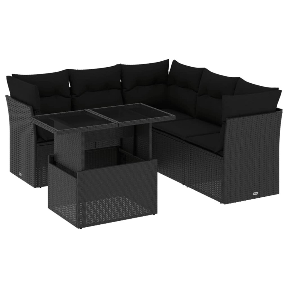 vidaXL 6-delige Loungeset met kussens poly rattan zwart afbeelding 1