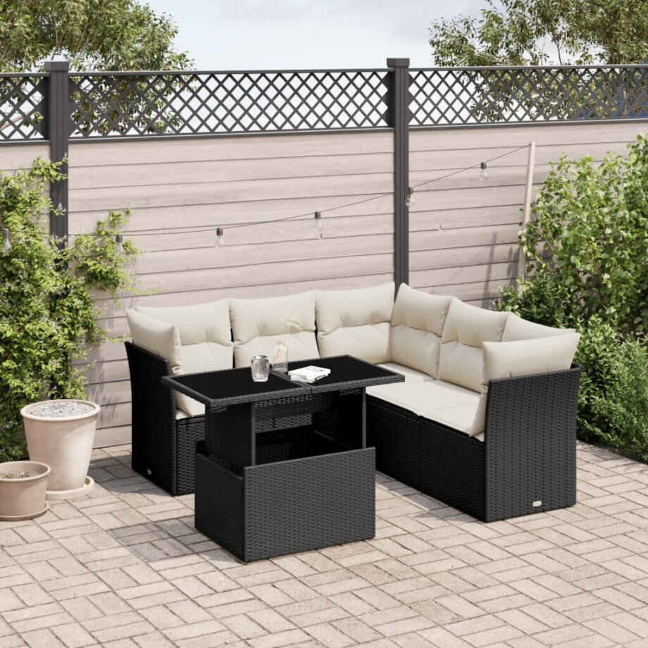 vidaXL 6-delige Loungeset met kussens poly rattan zwart afbeelding 1