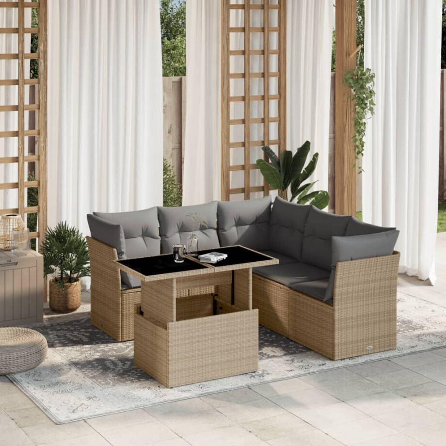 vidaXL 6-delige Loungeset met kussens poly rattan beige afbeelding 1