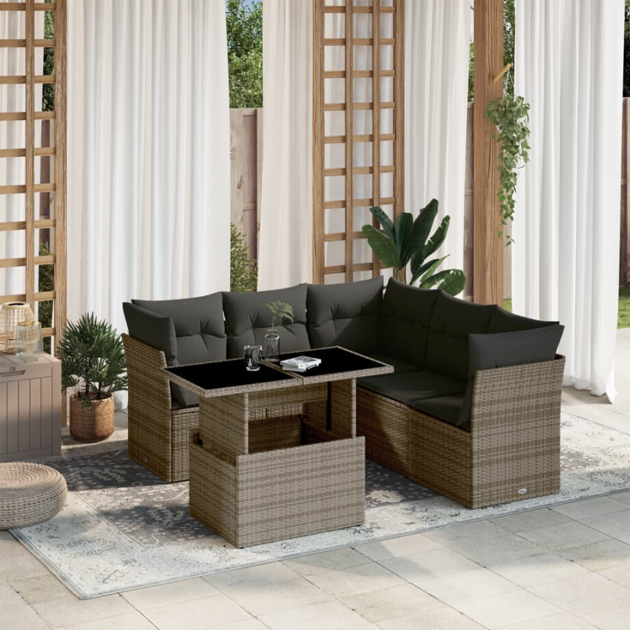 vidaXL 6-delige Loungeset met kussens poly rattan grijs afbeelding 1