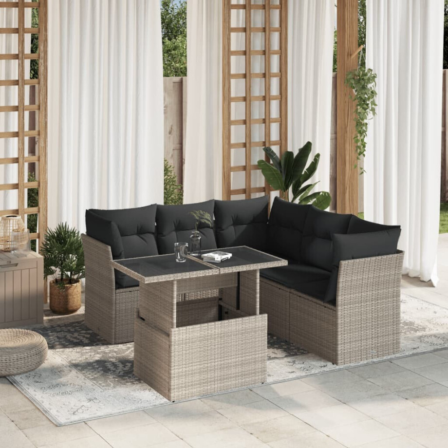 vidaXL 6-delige Loungeset met kussens poly rattan lichtgrijs afbeelding 1