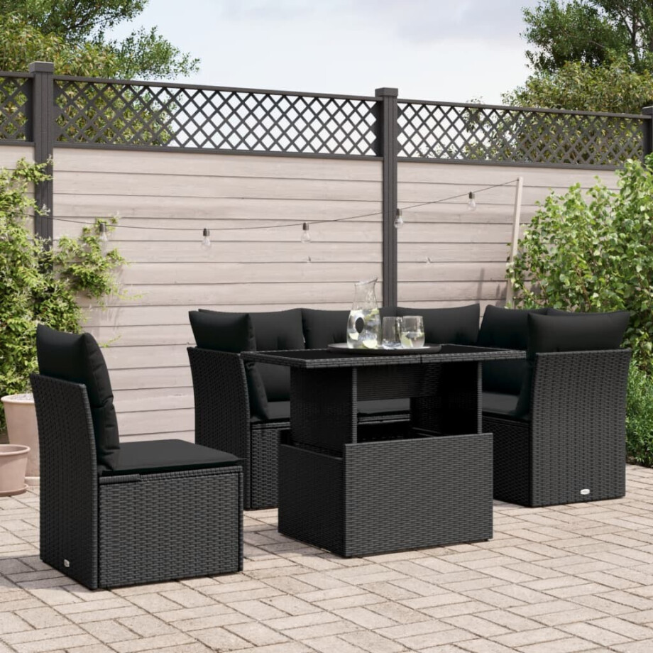 vidaXL 6-delige Loungeset met kussens poly rattan zwart afbeelding 1