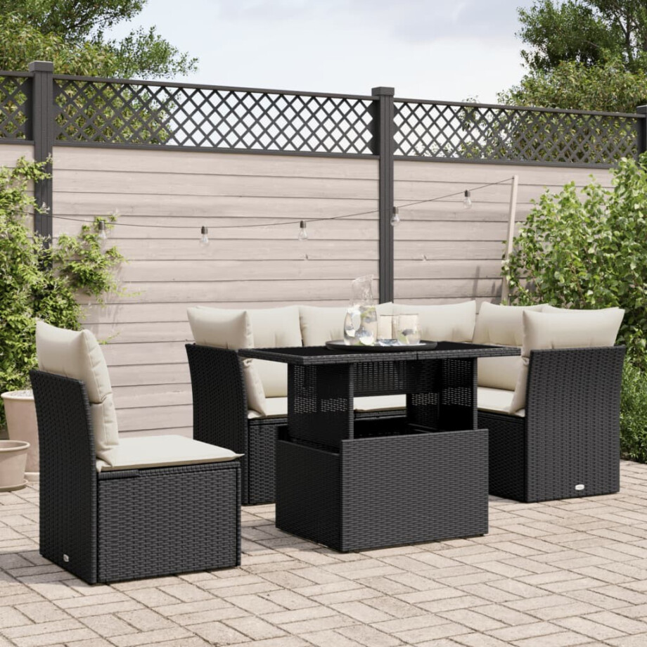 vidaXL 6-delige Loungeset met kussens poly rattan zwart afbeelding 1
