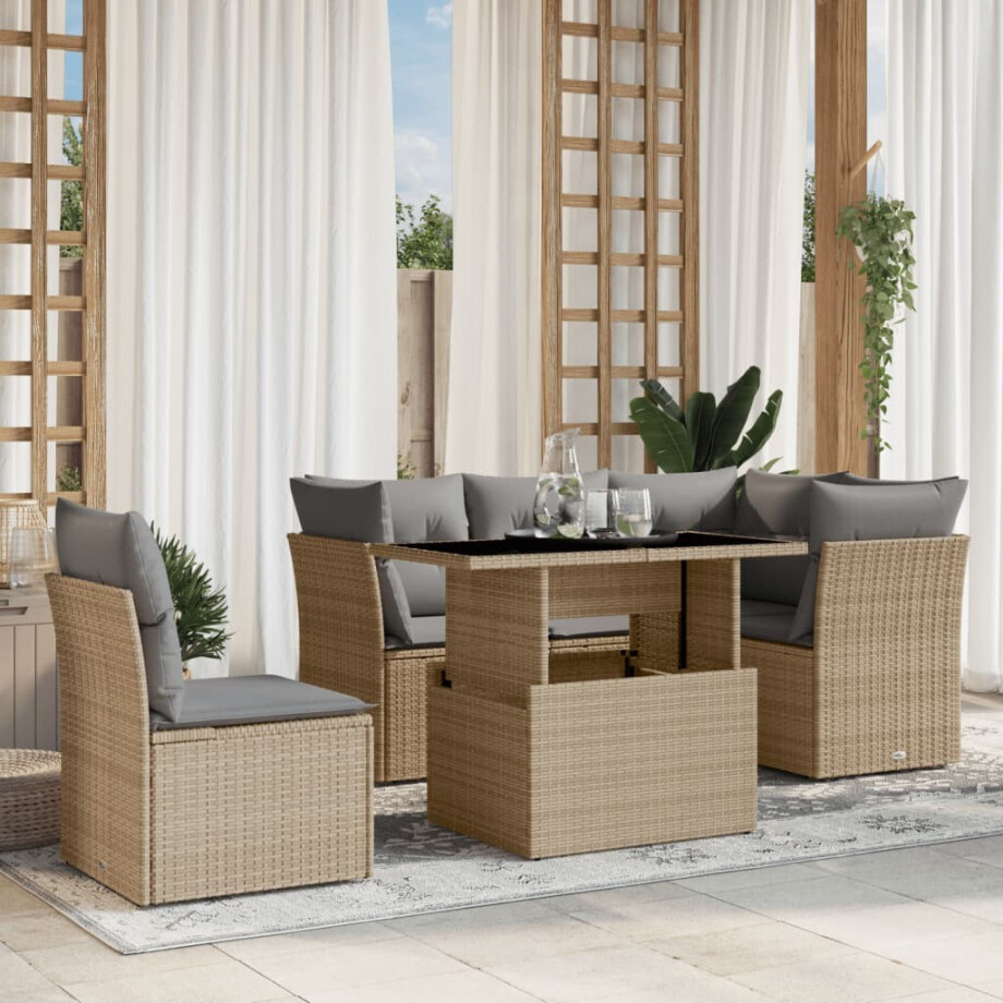 vidaXL 6-delige Loungeset met kussens poly rattan beige afbeelding 1