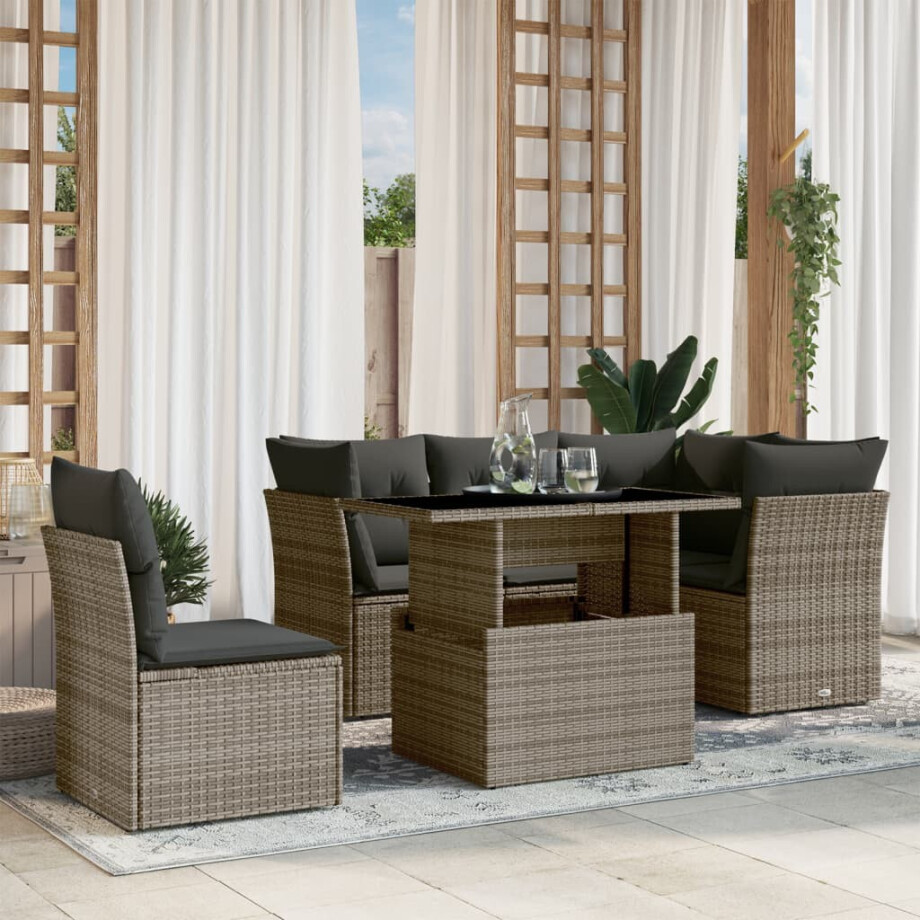vidaXL 6-delige Loungeset met kussens poly rattan grijs afbeelding 1