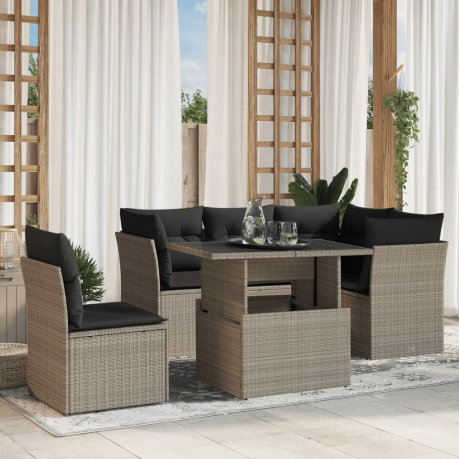 vidaXL 6-delige Loungeset met kussens poly rattan lichtgrijs afbeelding 1