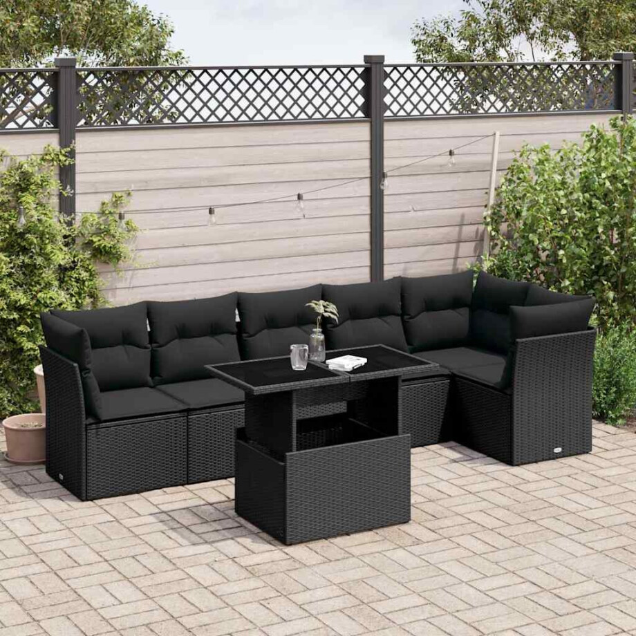 vidaXL 7-delige Loungeset met kussens poly rattan zwart vidaXL 7-delige Loungeset met kussens poly rattan zwart afbeelding 1