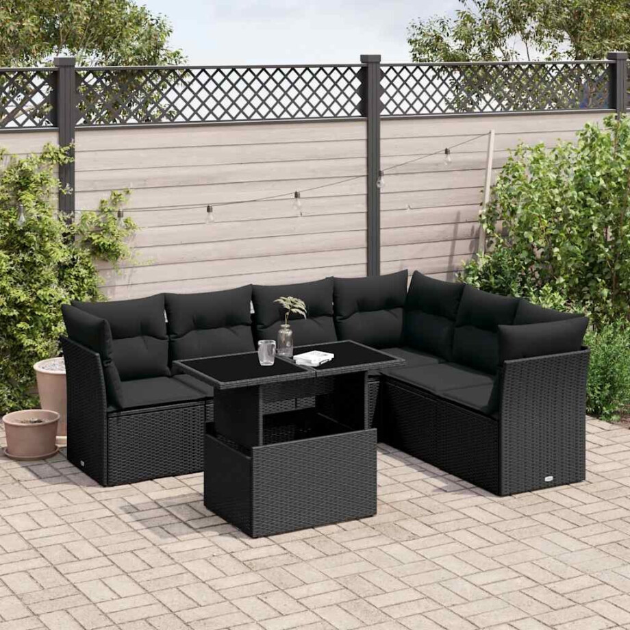 vidaXL 7-delige Loungeset met kussens poly rattan zwart vidaXL 7-delige Loungeset met kussens poly rattan zwart afbeelding 1