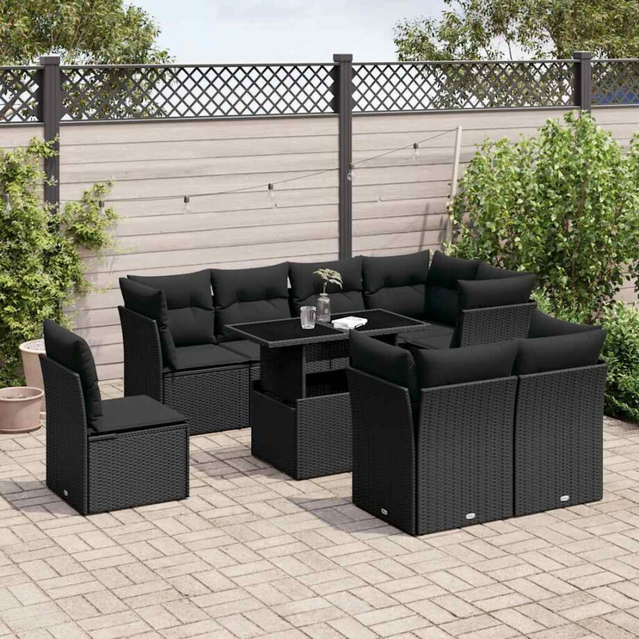 vidaXL 9-delige Loungeset met kussens poly rattan zwart afbeelding 1