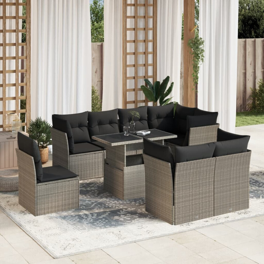 vidaXL 9-delige Loungeset met kussens poly rattan lichtgrijs afbeelding 1