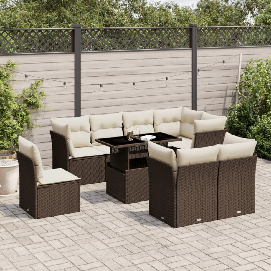 vidaXL 9-delige Loungeset met kussens poly rattan bruin afbeelding 1