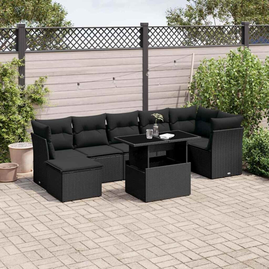 vidaXL 8-delige Loungeset met kussens poly rattan zwart afbeelding 1