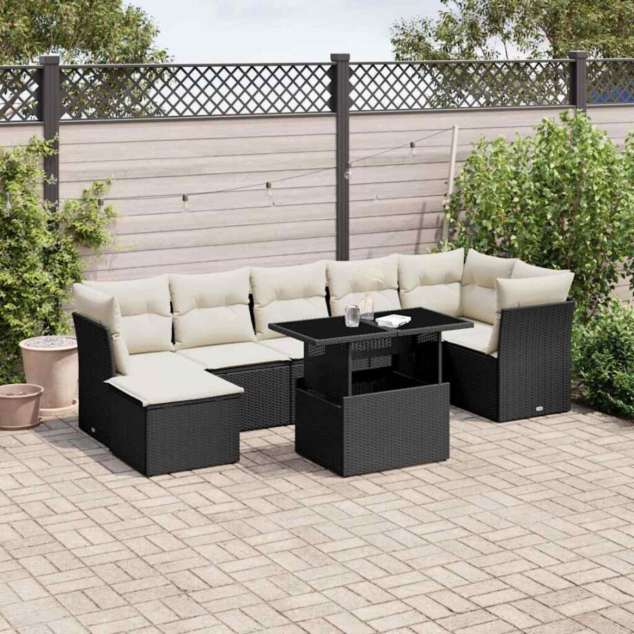 vidaXL 8-delige Loungeset met kussens poly rattan zwart afbeelding 1