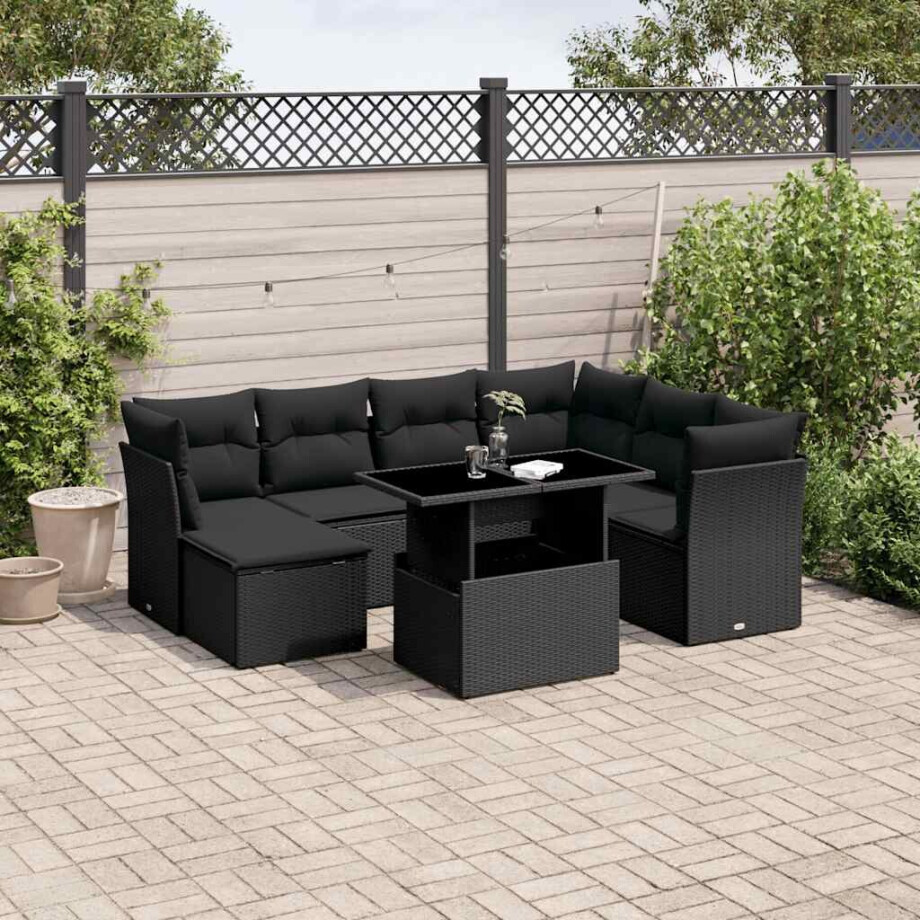 vidaXL 8-delige Loungeset met kussens poly rattan zwart afbeelding 1
