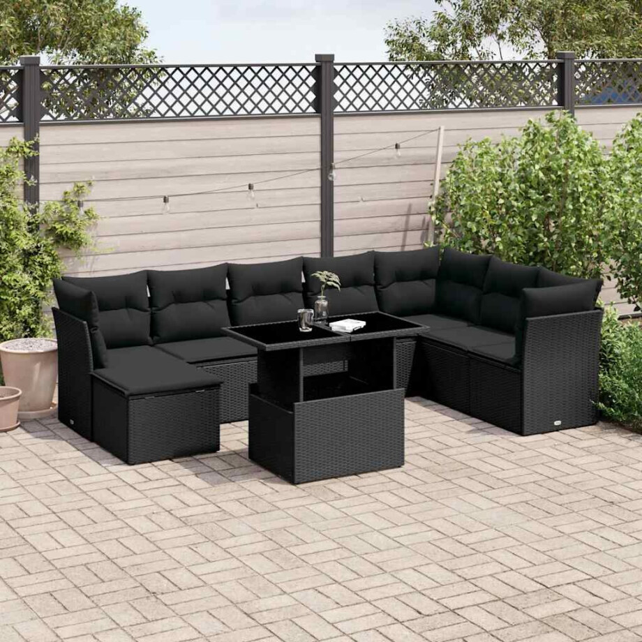 vidaXL 9-delige Loungeset met kussens poly rattan zwart afbeelding 1