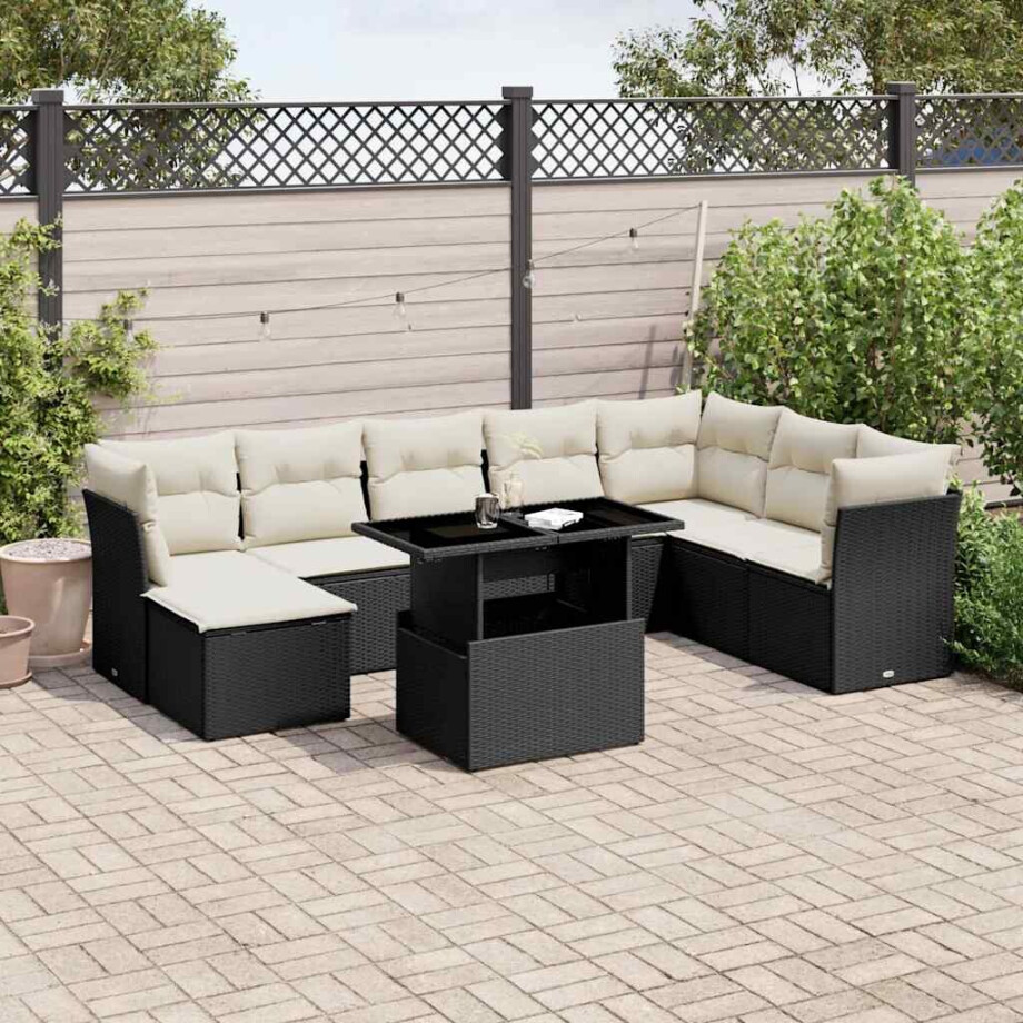 vidaXL 9-delige Loungeset met kussens poly rattan zwart afbeelding 1