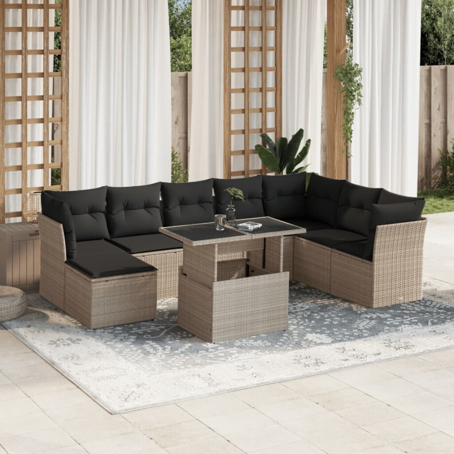 vidaXL 9-delige Loungeset met kussens poly rattan lichtgrijs afbeelding 1