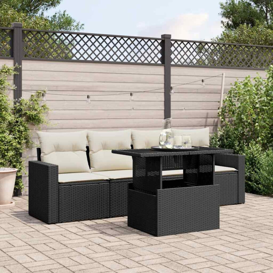 vidaXL 5-delige Loungeset met kussens poly rattan zwart vidaXL 5-delige Loungeset met kussens poly rattan zwart afbeelding 1