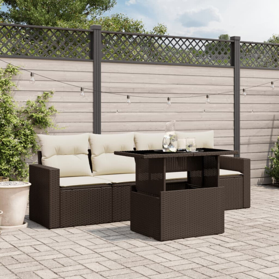 vidaXL 5-delige Loungeset met kussens poly rattan bruin afbeelding 1