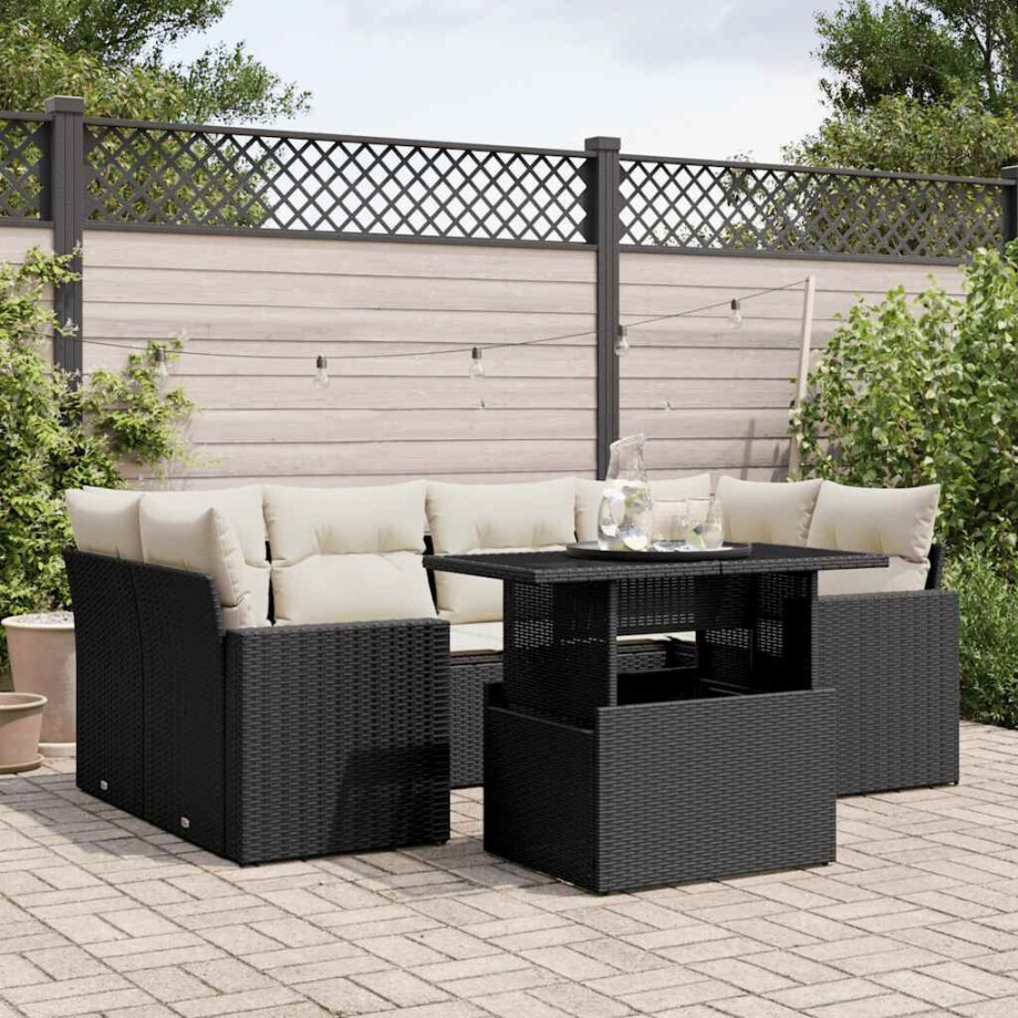 vidaXL 7-delige Loungeset met kussens poly rattan zwart vidaXL 7-delige Loungeset met kussens poly rattan zwart afbeelding 1