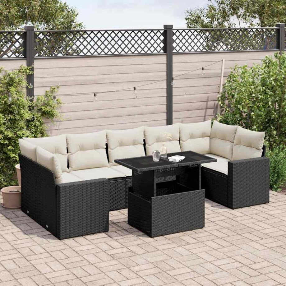 vidaXL 8-delige Loungeset met kussens poly rattan zwart afbeelding 1