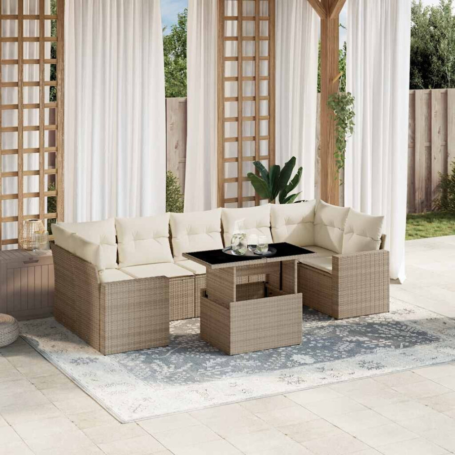 vidaXL 8-delige Loungeset met kussens poly rattan beige afbeelding 1