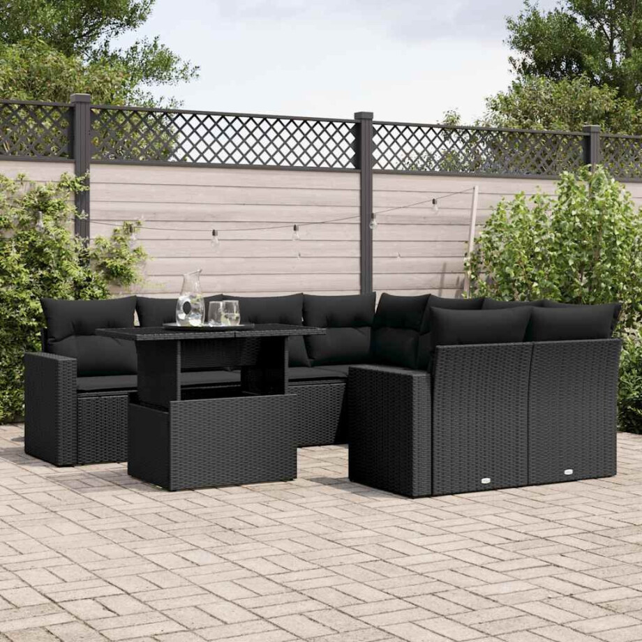 vidaXL 9-delige Loungeset met kussens poly rattan zwart afbeelding 1