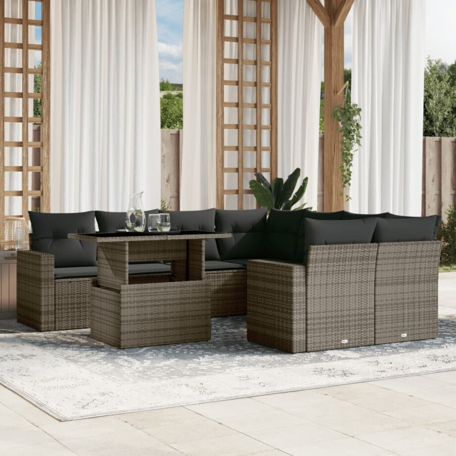 vidaXL 9-delige Loungeset met kussens poly rattan grijs vidaXL 9-delige Loungeset met kussens poly rattan grijs afbeelding 1