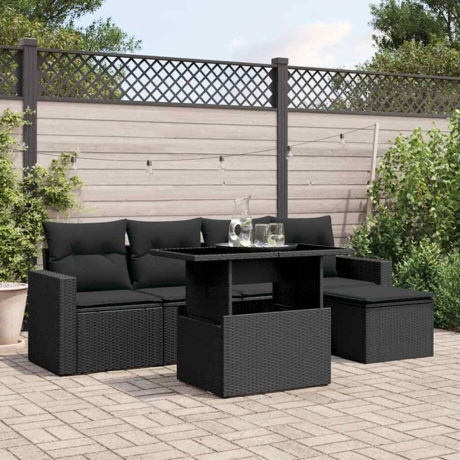 vidaXL 6-delige Loungeset met kussens poly rattan zwart afbeelding 1