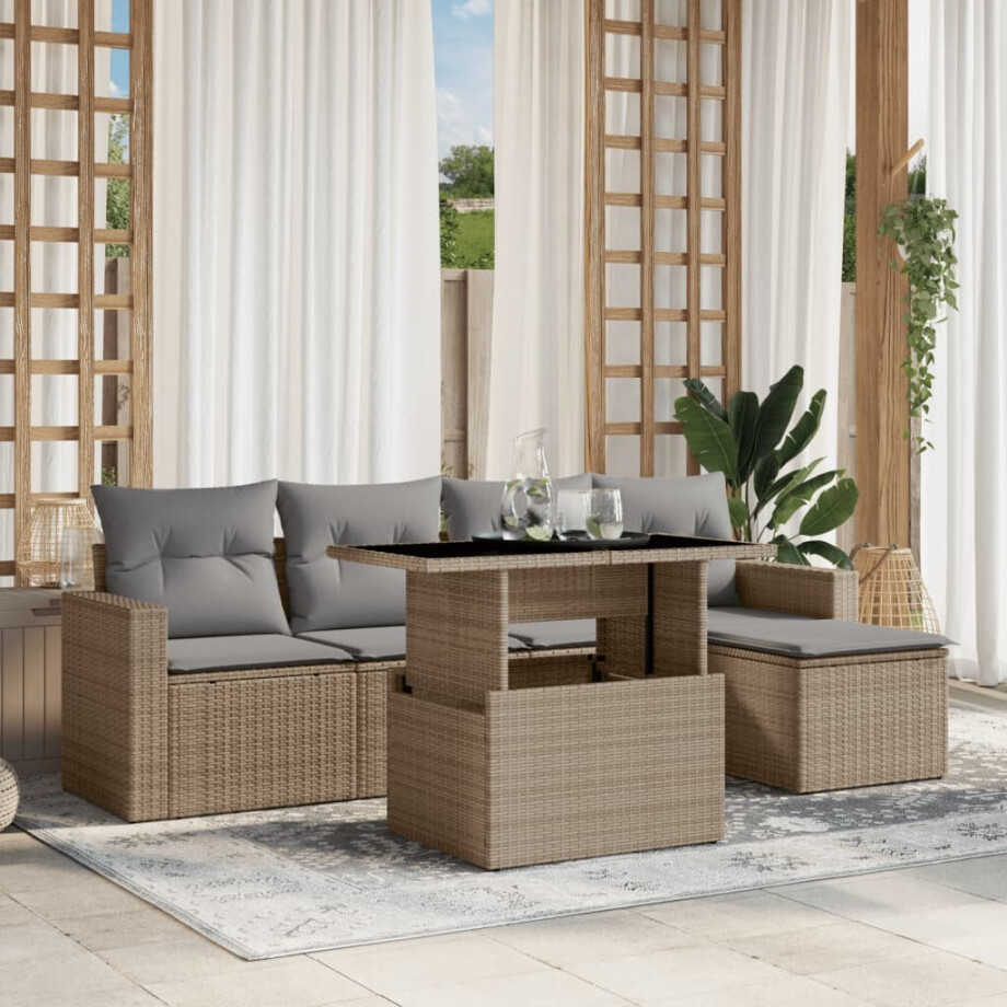 vidaXL 6-delige Loungeset met kussens poly rattan beige afbeelding 1