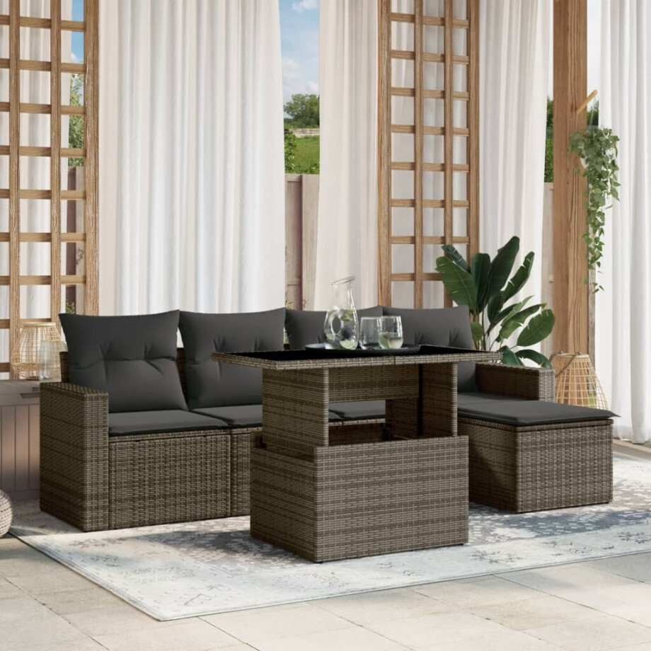 vidaXL 6-delige Loungeset met kussens poly rattan grijs afbeelding 1