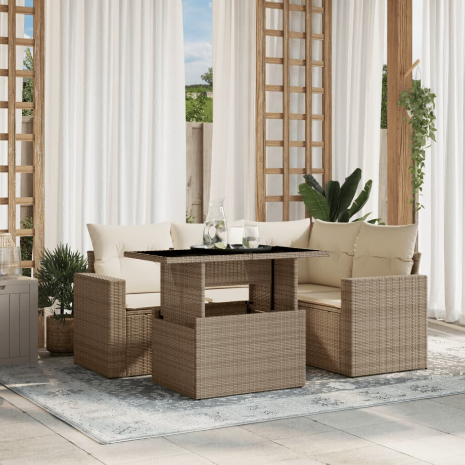 vidaXL 5-delige Loungeset met kussens poly rattan beige afbeelding 1