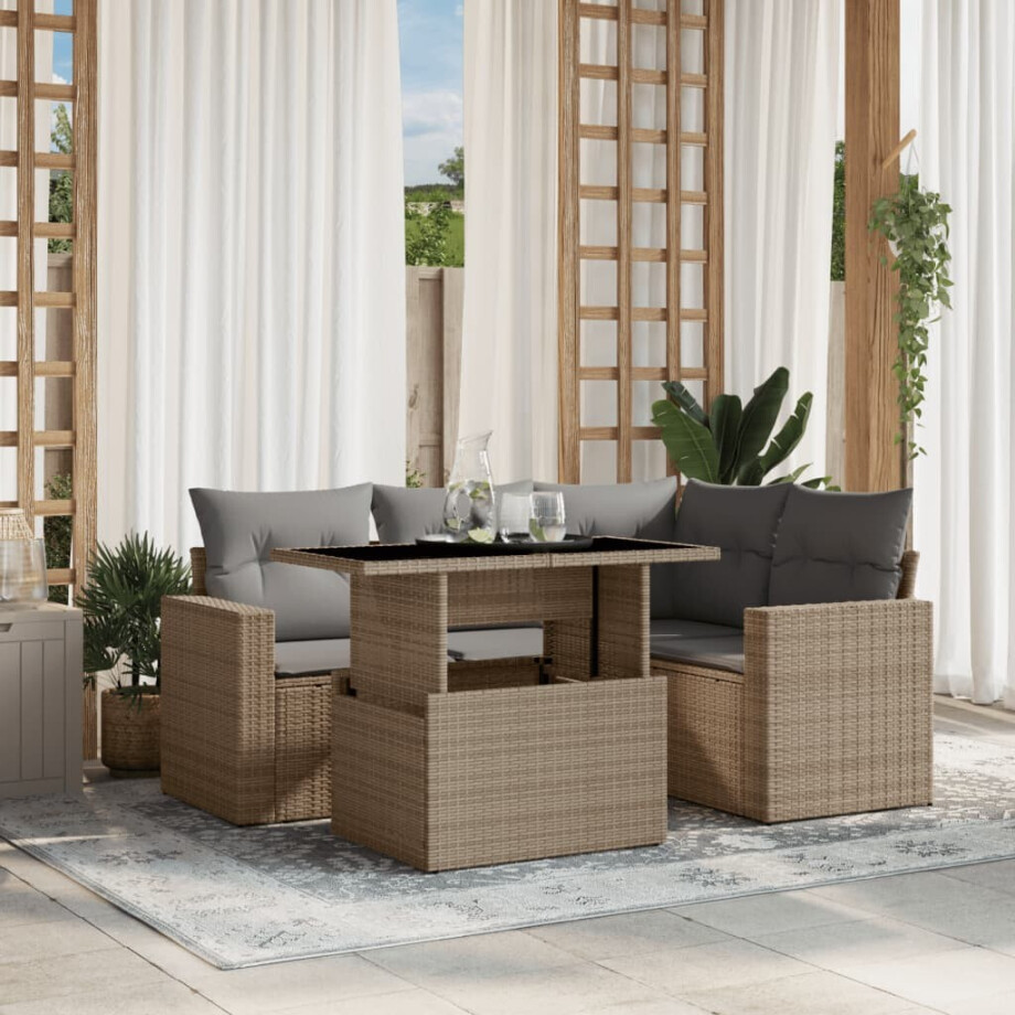 vidaXL 5-delige Loungeset met kussens poly rattan beige afbeelding 1