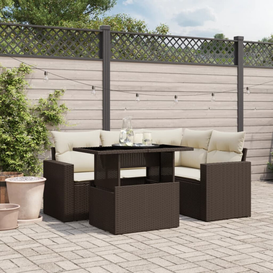 vidaXL 5-delige Loungeset met kussens poly rattan bruin afbeelding 1