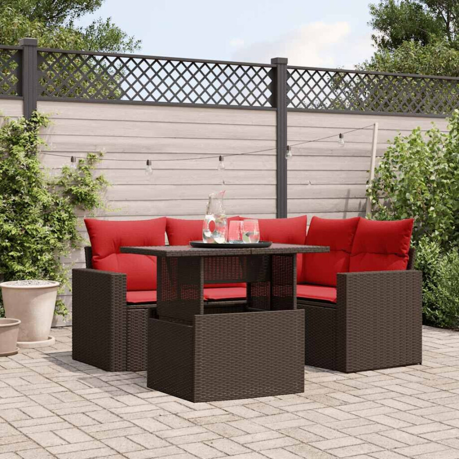 vidaXL 5-delige tuinbankset met kussens, bruin polyrotan afbeelding 1