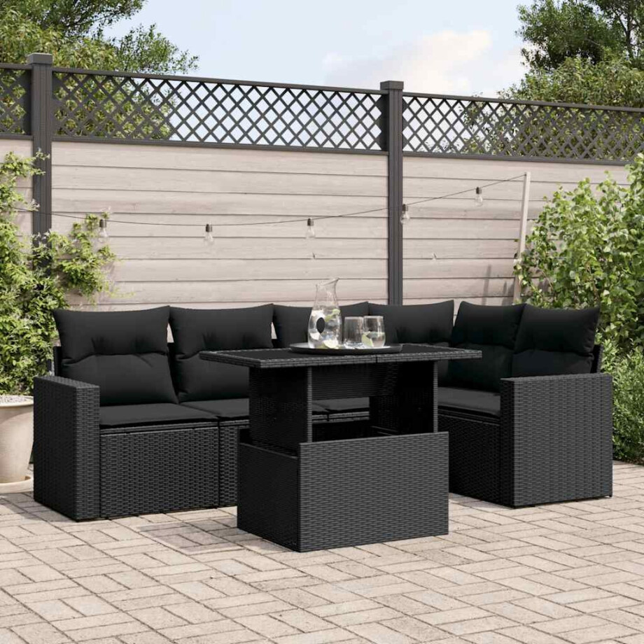 vidaXL 6-delige Loungeset met kussens poly rattan zwart afbeelding 1