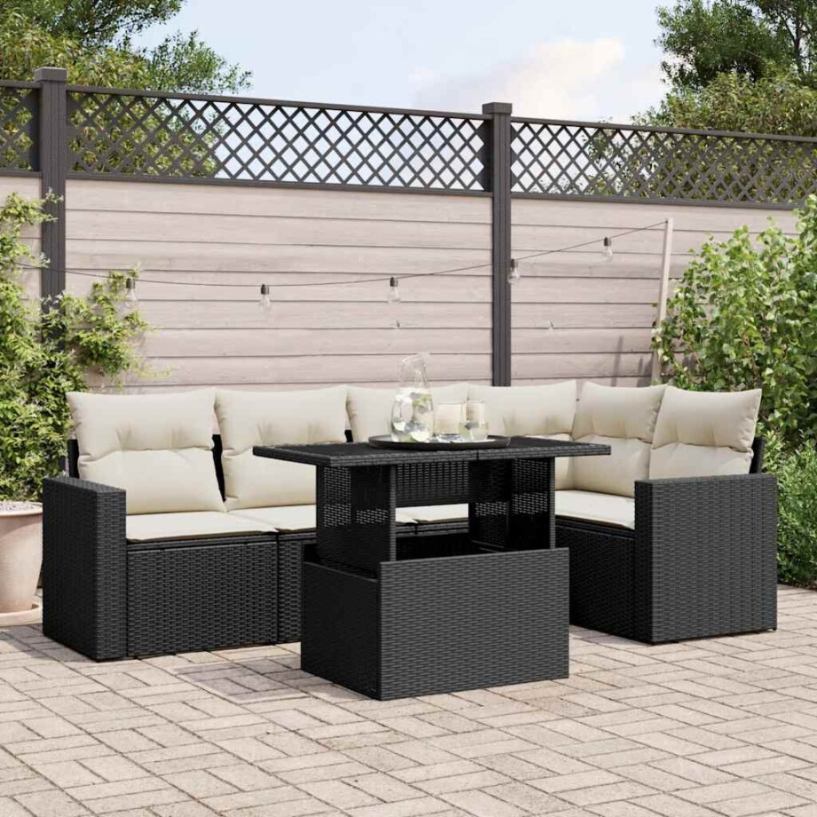 vidaXL 6-delige Loungeset met kussens poly rattan zwart afbeelding 1