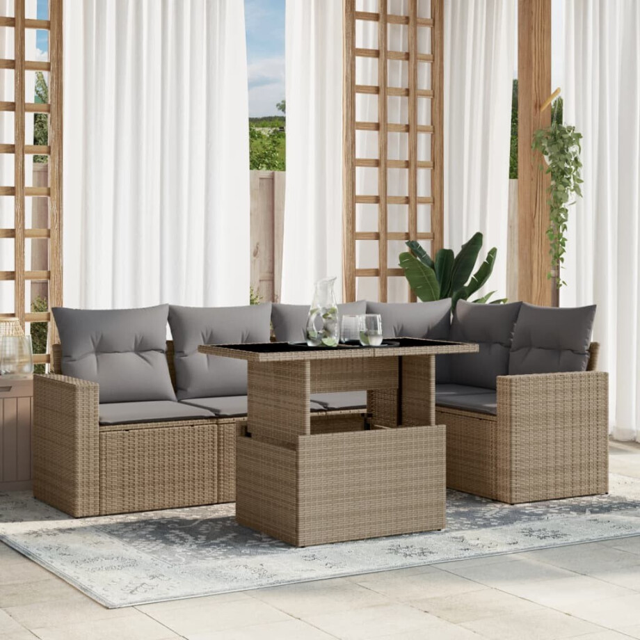 vidaXL 6-delige Loungeset met kussens poly rattan beige afbeelding 1