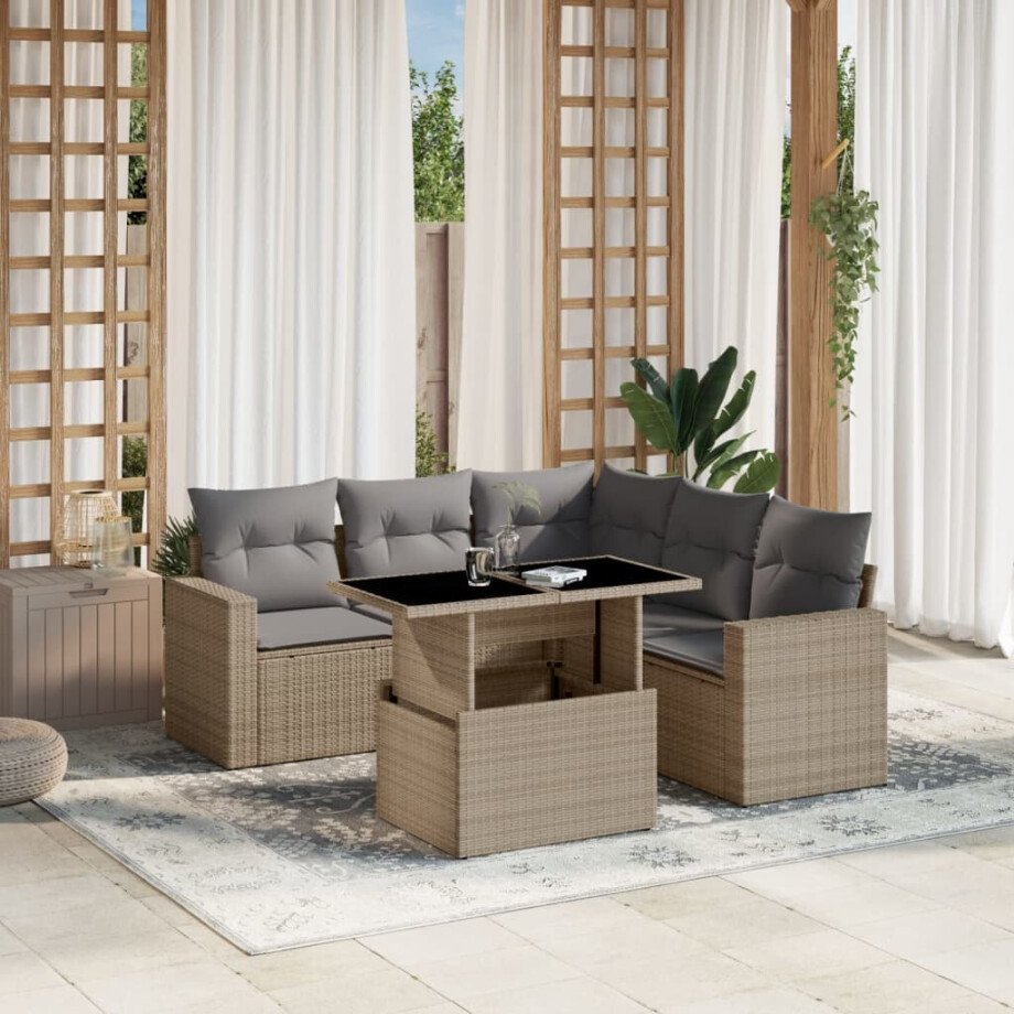 vidaXL 6-delige Loungeset met kussens poly rattan beige afbeelding 1