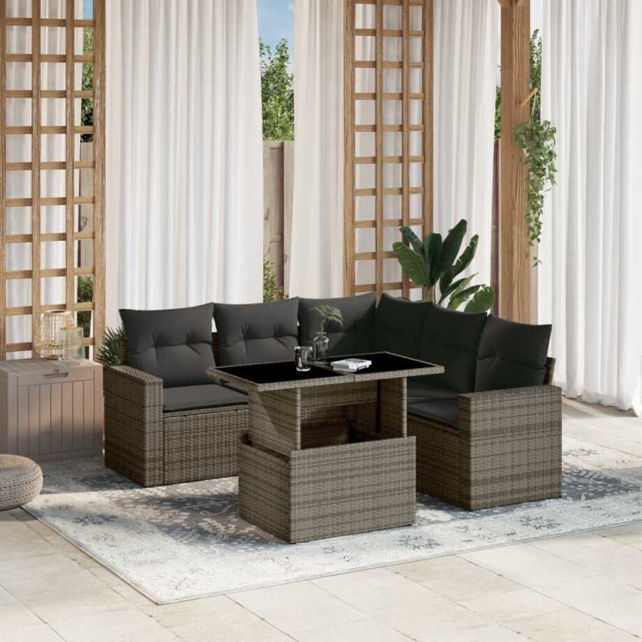 vidaXL 6-delige Loungeset met kussens poly rattan grijs afbeelding 1