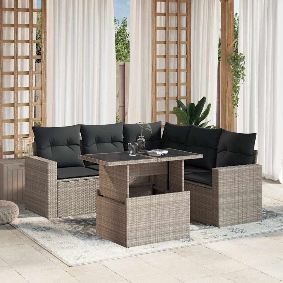 vidaXL 6-delige Loungeset met kussens poly rattan lichtgrijs afbeelding 1