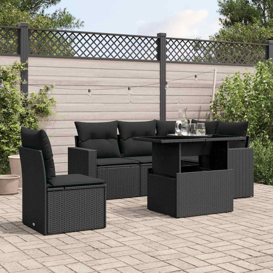 vidaXL 6-delige Loungeset met kussens poly rattan zwart afbeelding 1